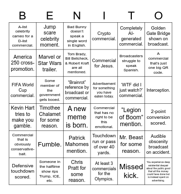 Super Bowl Bingo Card