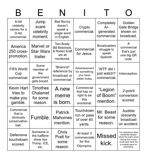 Super Bowl Bingo Card