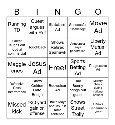 Superbowl Bingo, Jain style Bingo Card