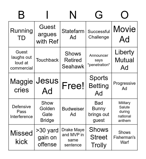 Superbowl Bingo, Jain style Bingo Card