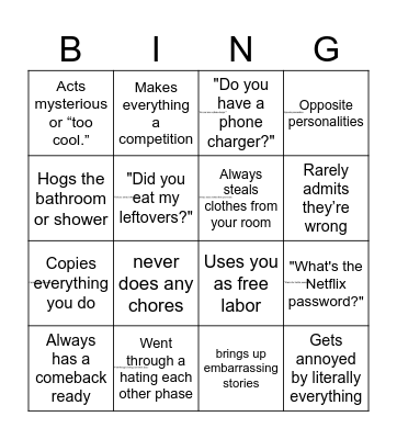 Sibling Bingo Card
