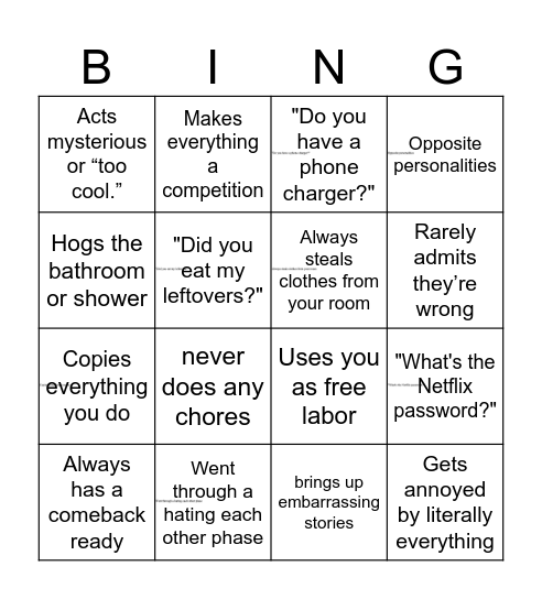 Sibling Bingo Card