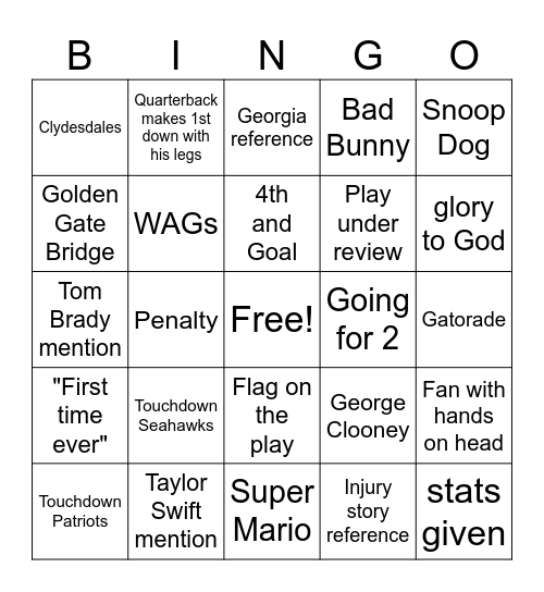 Super Bowl Bingo Card