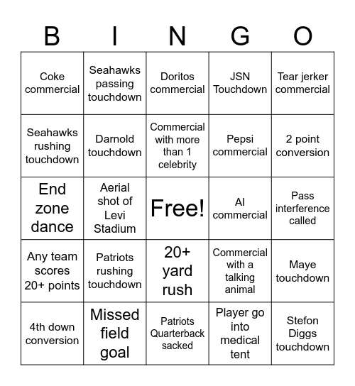 Super Bowl 2026 Bingo Card