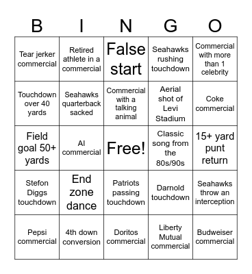 Super Bowl 2026 Bingo Card