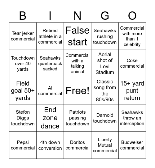 Super Bowl 2026 Bingo Card