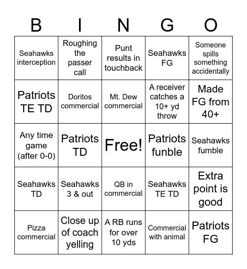 Super Bowl 60 Bingo Card