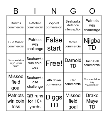 Super Bowl LX Bingo Card