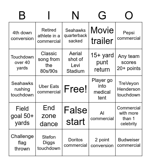 Super Bowl 2026 Bingo Card