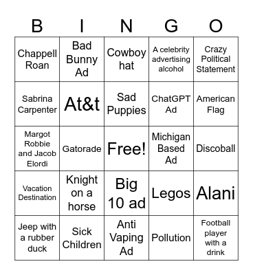 SUPERBOWL ADS 26 Bingo Card