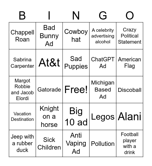 SUPERBOWL ADS 26 Bingo Card