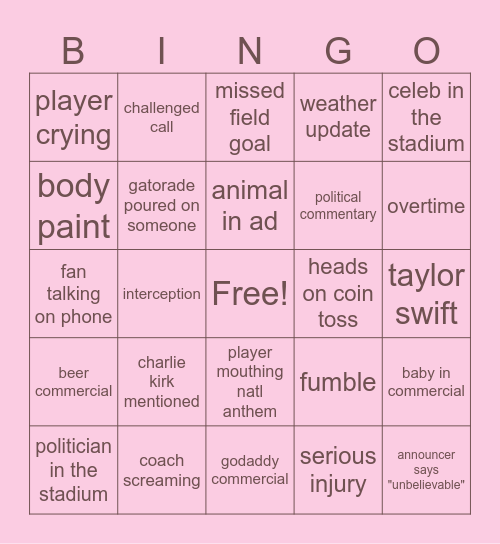 abbys awesome super bowl bingo Card