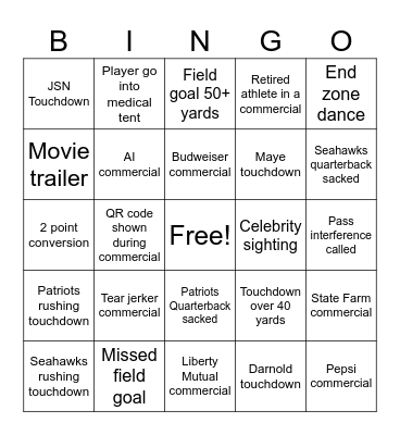 Super Bowl 2026 Bingo Card