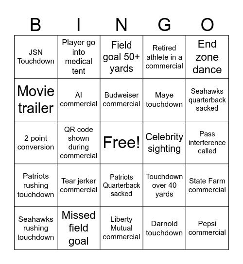 Super Bowl 2026 Bingo Card