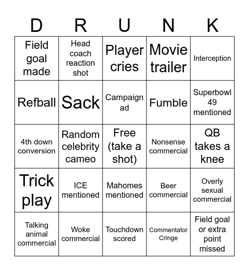 SB Drunk Bingo Card