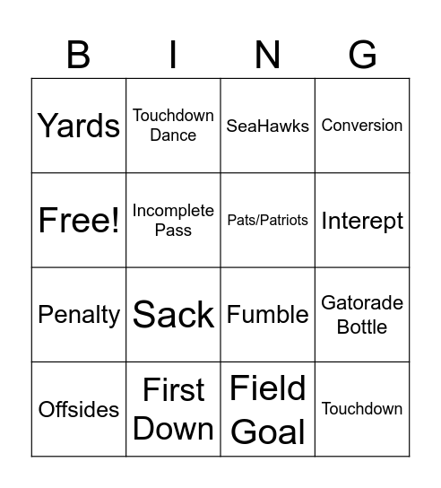 Superbowl for the Win Bingo Card