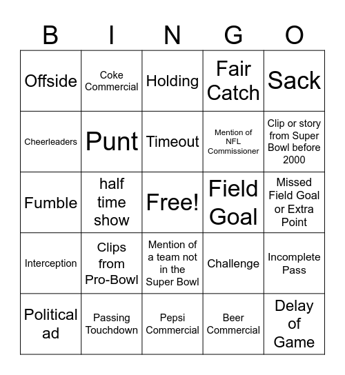 Super Bowl Bingo! Bingo Card