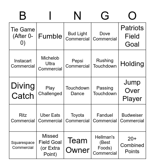 Super Bowl Bingo 2026 (5x5) Bingo Card