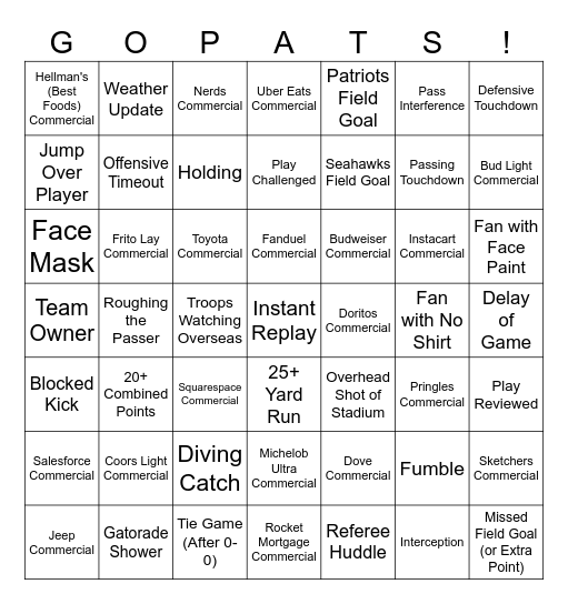 Super Bowl Bingo 2026 (7x7) Bingo Card