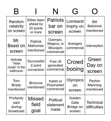 Super Bowl LX Bingo Card