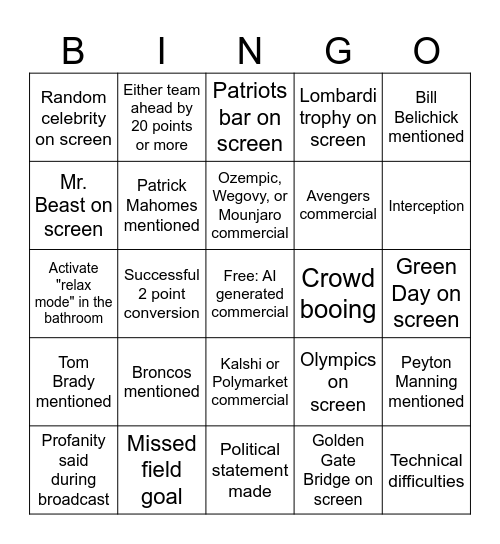 Super Bowl LX Bingo Card