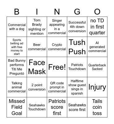 SUPERBOWL 2026 Bingo Card