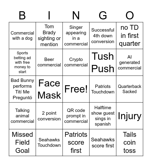 SUPERBOWL 2026 Bingo Card