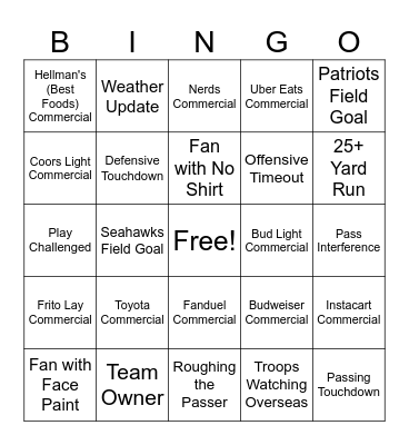 Super Bowl Bingo 2026 (5x5) Bingo Card