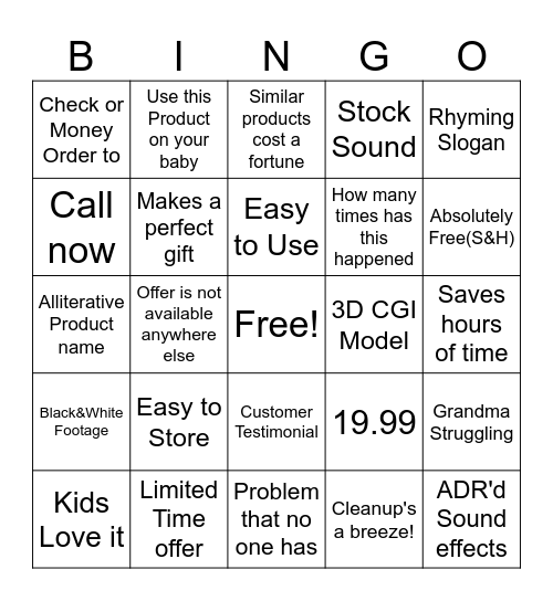 Infomercial Bingo Card