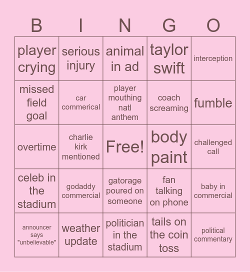 abbys awesome super bowl bingo Card