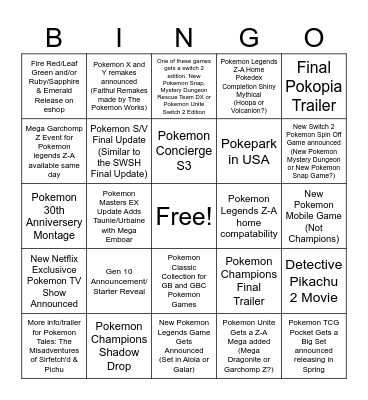 Fluffy's Pokemon 30th Anniversery Presents Predictions Bingo Card