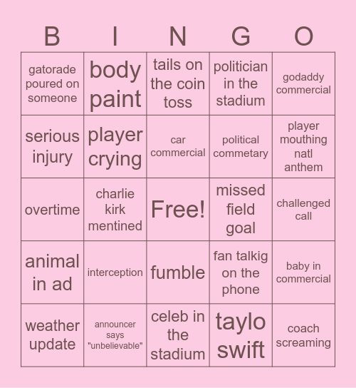 abbys awesome super bowl bingo Card