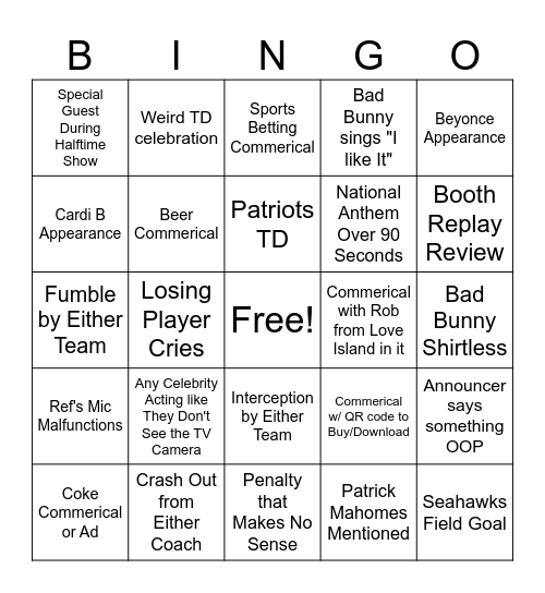 Super Bowl Bingo Card