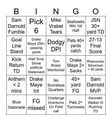 Superbowl LX Bingo Card