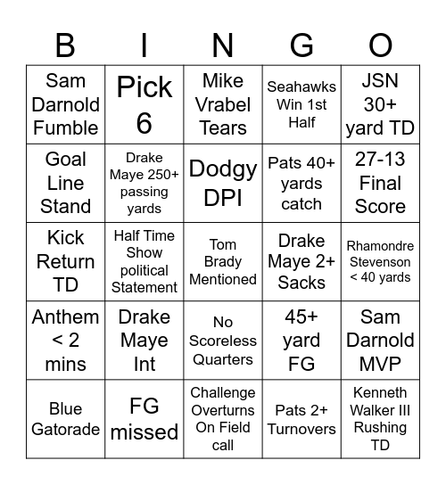 Superbowl LX Bingo Card