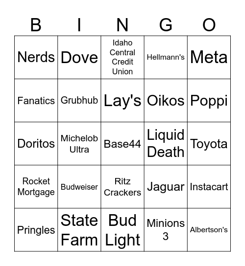 2026 Super Bowl Commercials (After kickoff only) Bingo Card