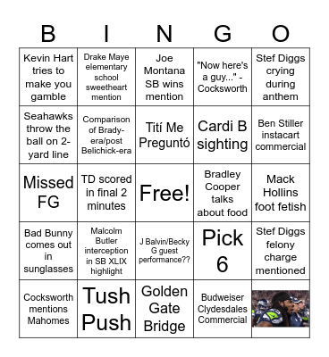 Super Bowl 2026 Bingo Card