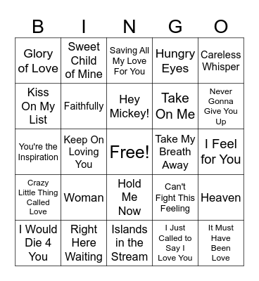 80's Greatest Love Songs Bingo Card