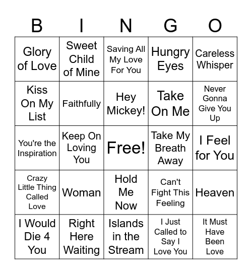 80's Greatest Love Songs Bingo Card