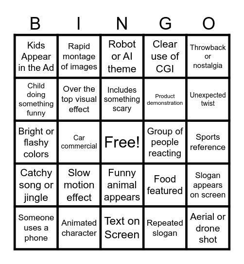 Super Bowl Commercial Bingo Card