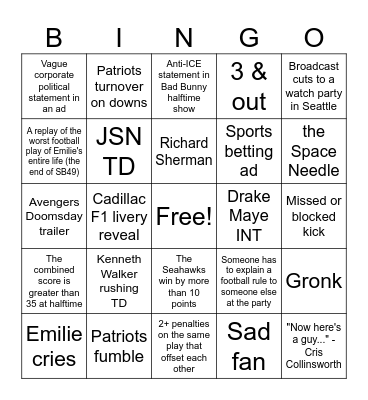 Super Bowl 60 Bingo Card