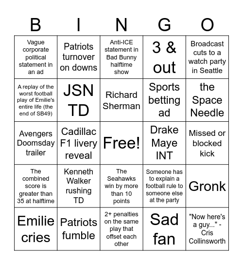 Super Bowl 60 Bingo Card
