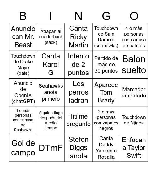SuperBowl LX Bingo Card