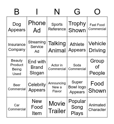 Super Bowl Commercials Bingo Card