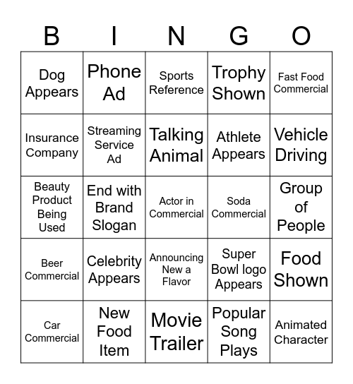 Super Bowl Commercials Bingo Card