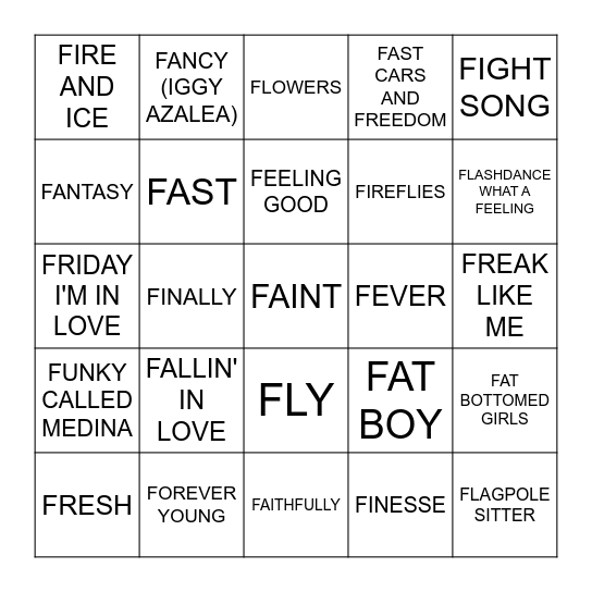 "F" Bingo Card