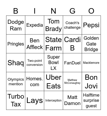 Super Bowl LX Bingo Card