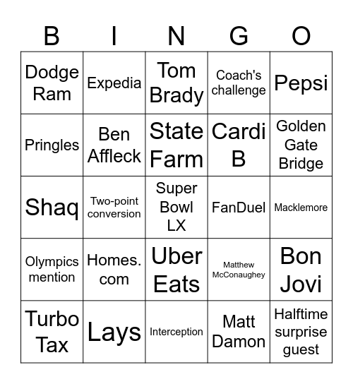 Super Bowl LX Bingo Card