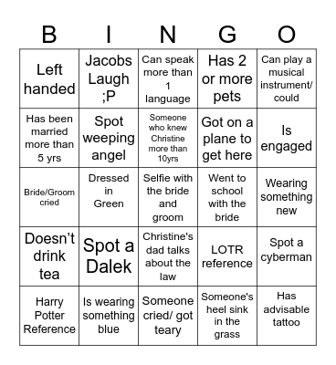 James & Christine Wedding Bingo Card