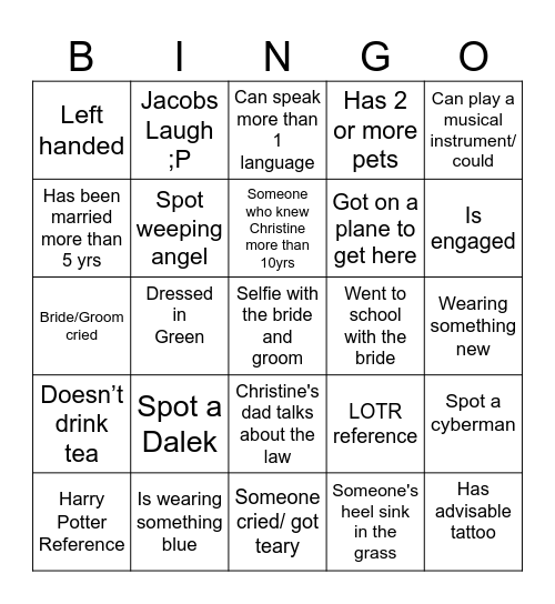 James & Christine Wedding Bingo Card